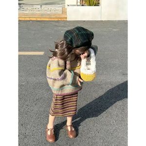 巴拉巴柆清货清货女童韩系复古彩色拼接条纹粗棒针织衫套装毛衣儿