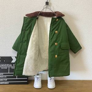韩国男童军绿色大衣加棉加厚保暖中长款外套儿童冬装加厚冬季棉衣