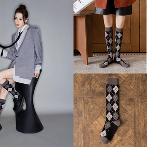 迪丽热巴同款女袜子复古学院风长筒袜不过膝苏格兰方块菱形格长袜