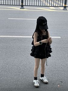 韩系黑色套装女童23夏季新款儿童蛋糕层吊带上衣加蛋糕裙裤宝宝两