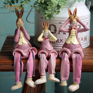 欧美可爱三不兔子吊脚娃娃卡通动物幸福一家三口家居装饰摆件