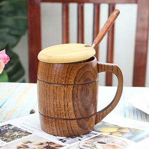日式复古实木大肚杯木杯子带盖勺木质酒桶杯原木大容量木制啤酒杯