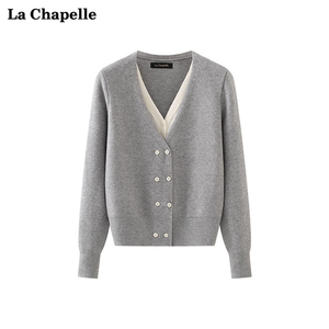 拉夏贝尔/LaChapelle春新款长袖假两件针织开衫女V领休闲宽松上衣