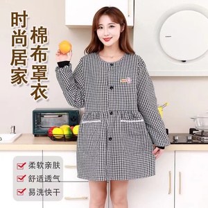 。纯棉围裙女韩版有袖罩衣厨房家用做饭上班干活防污洋气正穿工作