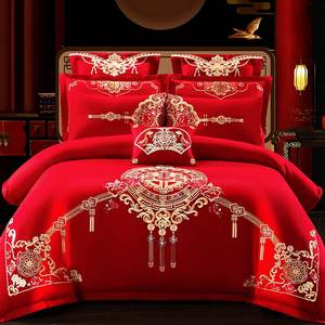 新婚庆四件套大红刺绣龙凤结婚房陪嫁礼床上用品喜庆被罩床单纯棉