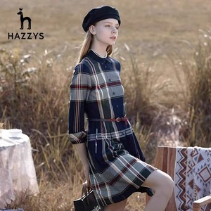Hazzys哈吉斯衬衫连衣裙官方新款秋冬复古长袖休闲气质格子裙子女