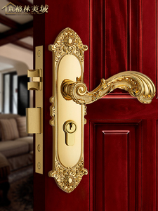 格林美域欧式门锁黄铜仿古室内全铜静音门锁 别墅卧室纯铜房门锁