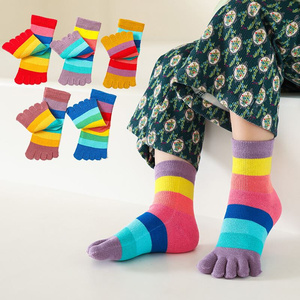 儿童五指袜彩虹条男女宝宝纯棉中筒2-11岁吸汗防臭学生运动分趾袜
