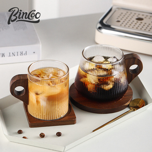 Bincoo竖纹木柄咖啡杯复古日式玻璃杯子意式挂耳拿铁杯高颜值水杯