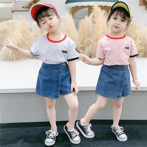 夏季百搭短袖套装韩版儿童时髦一套衣服洋气女宝宝牛仔裤裙两件套