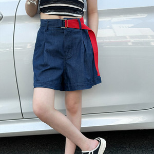 韩系女童红腰带牛仔短裤夏季2024款中大童夏款五分裤儿童潮酷薄款