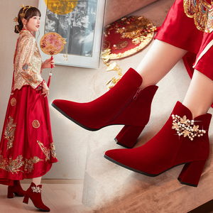 达芙妮2023年新款冬天高跟鞋红色靴子粗跟冬季婚鞋新娘鞋女秀禾婚