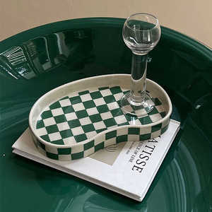 复古绿色棋盘格置物拖盘蛋糕盘异形网红时髦桌面收纳陶瓷置物盘子