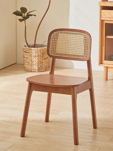 实木餐椅北欧藤编椅子餐椅桌椅凳子原木实木家用拷贝侘寂风法式复