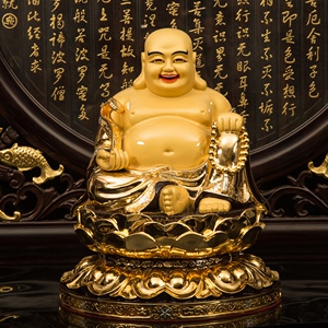 台湾纯铜鎏金弥勒佛像家用客厅招财摆件供奉笑佛大肚佛如意弥勒佛