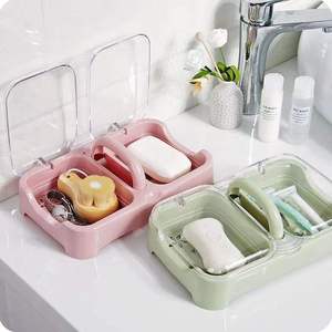 翻盖肥皂盒双格香皂盒家用带盖盒子双层大号沥水洗衣皂盒两个一体