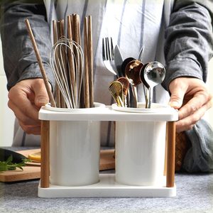 原创多功能日式陶瓷双筒沥水筷子筒筷子架筷子笼刀叉收纳盒筷子桶