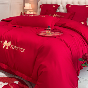 新婚嫁床上四件套结婚床品婚庆喜庆被套婚礼红色床单床笠婚房被罩