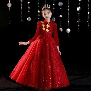 女童礼服中国风儿童主持人朗诵演出服红色公主裙中小学生合唱服装