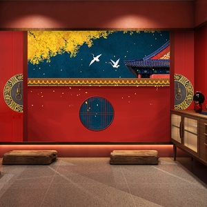 古典故宫红墙背景墙壁画中国风国潮火锅店包厢装饰墙纸剧本杀壁纸