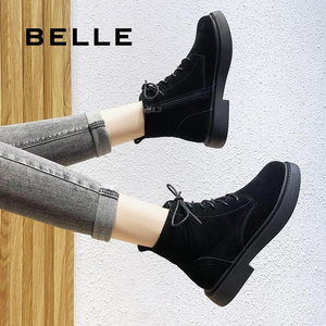 百丽真皮磨砂短靴黑色翻毛皮英伦风马丁靴女款2023新款爆款秋天鞋