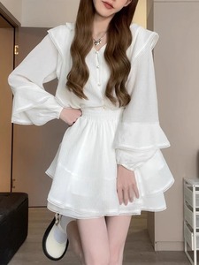 春秋季女装法式小香风温柔甜美盐系轻熟白色衬衫裙子显瘦两件套装