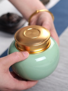 青瓷茶具茶叶罐金属头便携陶瓷密封锡罐小号旅行普洱存储茶罐包装