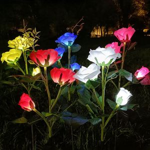 3头太阳能玫瑰花灯户外花园地插仿真花灯庭院装饰月季花草坪灯