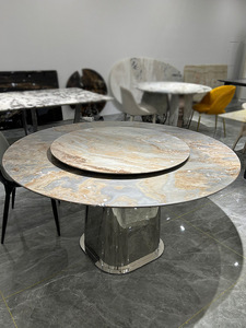 奢石蓝金沙奢石餐桌椅组合天然大理石圆桌家用现代轻奢高级感饭桌