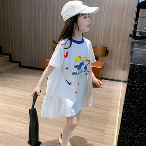 韩范女童连衣裙2024新款夏装韩版卡通短袖T恤裙儿童宽松洋气夏裙