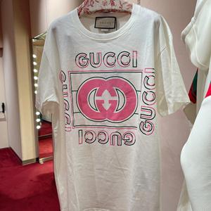 代购Gucci/古驰正品 女士白色纯色圆领粉色LOGO休闲短袖T恤