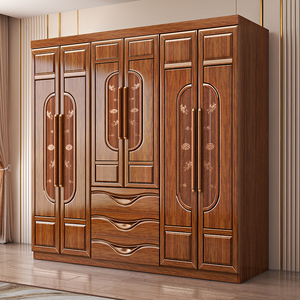 胡桃木实木衣柜全实木家用卧室大容量收纳储物柜新中式带抽雕花柜