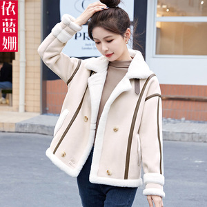 麂皮绒羊羔毛外套女短款2023年冬季新款韩版宽松休闲皮毛一体夹克