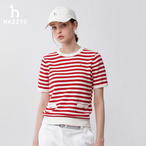 Hazzys哈吉斯针织衫2024春夏季新品宽松版圆领红色条纹纯棉短袖女