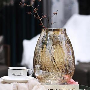 创意大号轻奢裂纹冰花玻璃花瓶琉光透明花器美式家居装饰插花摆件