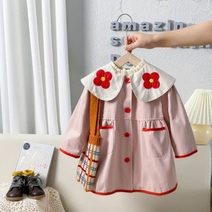 韩国童装女童春秋风衣洋气女孩单排扣可爱花朵翻领宝宝中长款外套