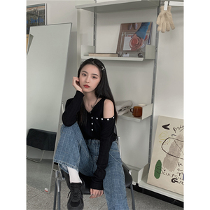 露肩长袖t恤女ins2022年春装新款辣妹小众设计感针织假两件上衣潮