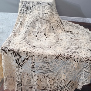 包邮外贸原单纯棉线本色手工钩针钩花方形桌布台布防尘罩万能盖布