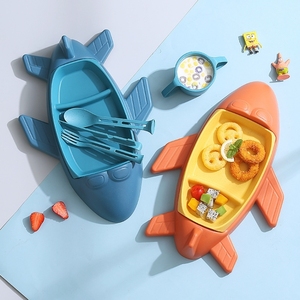 小麦秸秆儿童餐盘卡通飞机分格幼儿园宝宝辅食盘刀叉勺套装多款式