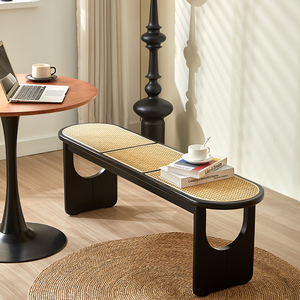 北欧实木藤编换鞋凳长条凳日式原木风餐桌椅家用设计师长凳床尾凳