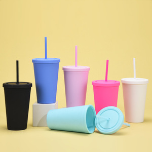 2024新款糖果色双层塑料吸管杯16OZ饮水杯子简约塑料磨砂吸管杯