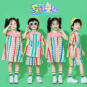六一儿童啦啦队表演服小学生运动会服装女童波点连衣裙幼儿园班服