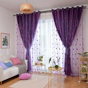 成品紫色绣花窗帘全窗纱遮光加厚布料客厅飘窗主卧室蕾丝纱帘欧式