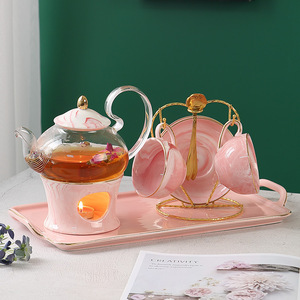 粉色少女养生美容院花茶具套装玻璃蜡烛加热煮水果花茶壶茶杯日式