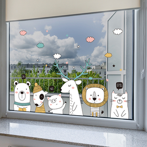 玻璃门贴画卡通可爱动物装饰儿童幼儿园窗户落地窗静电防水墙贴纸