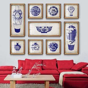 中式青花瓷碗花瓶客厅背景墙装饰画饭店餐厅楼道口照片墙组合挂画