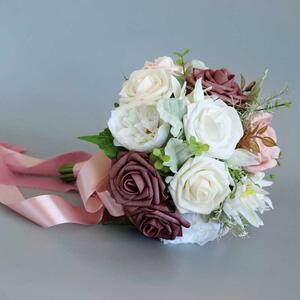新款暖豆沙粉白色玫c瑰假花结婚新娘手捧花束垂挂丝带花球拍照道