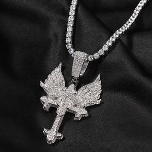 天使之翼十字架吊坠镶嵌锆石嘻哈潮流创意十字造型百搭古巴链
