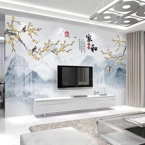 新中式电视背景墙山水画瓷砖岩板大理石客厅轻奢现代墙影视微晶石