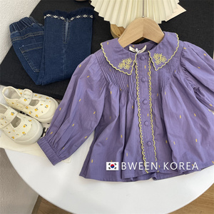 女童衬衫春季新款韩版童装洋气儿童韩系时尚女宝宝娃娃领绣花上衣